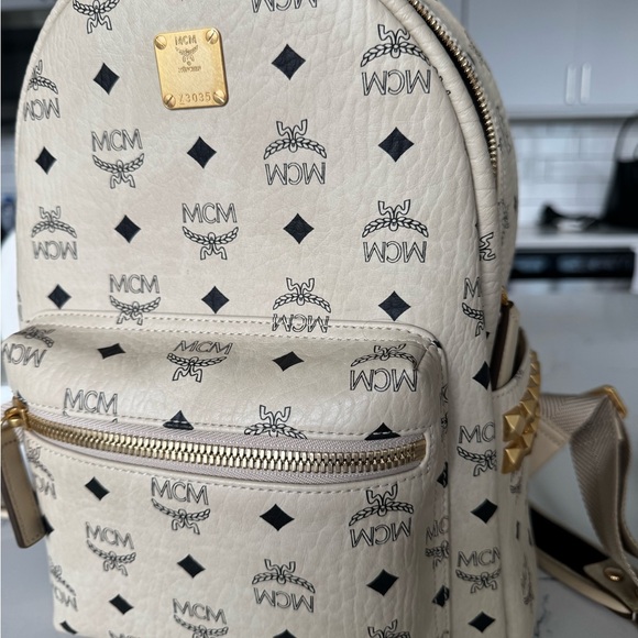 MCM Ivory Logo Backpack with Gold Accents main image 5